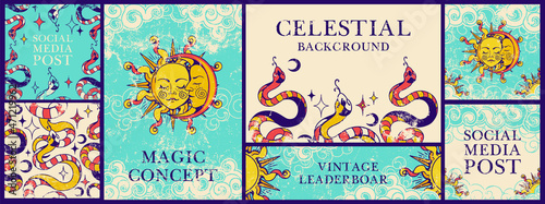 Templates, leaderboard, frames for quotes or promotion, banners, social media posts. Vintage esoteric mystical theme