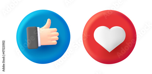 3d icons, volume thumb up gesture and heart as likes on red and blue circles