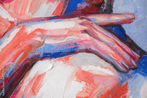 Fototapeta Naklejka Na Ścianę i Meble -  Fragment Oil portrait painting in multicolored tones. Abstract picture of a beautiful woman. Conceptual closeup of an oil painting and palette knife on canvas.