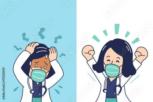 Cartoon female doctor wearing protective mask expressing different emotions for design.