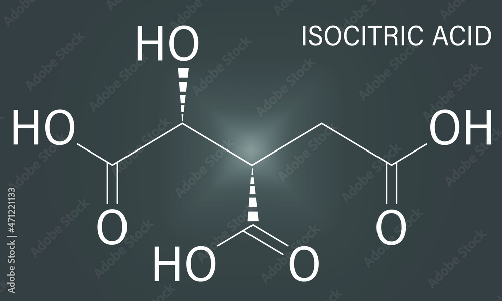 Isocitric acid molecule. Skeletal formula. Isocitric acid molecule. Skeletal formula.