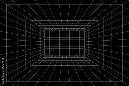Grid room in perspective, vector illustration in 3d style. Indoor wireframe from white lines, template interior square, digital empty box. Abstract geometric design background