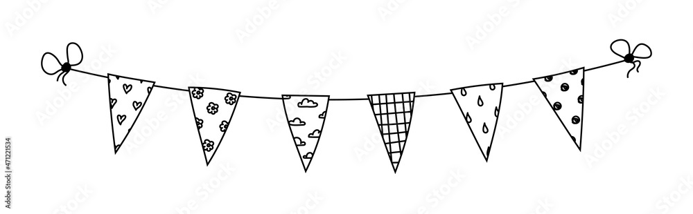 Hand-drawn different Bunting of flags on a string. Doodle garland flag with hearts, clouds, drops, checkered and polka dots. Black on white vector bunting flag for the holiday isolated outline. Hand-drawn different Bunting of flags on a string. Doodle garland flag with hearts, clouds, drops, checkered and polka dots. Black on white vector bunting flag for the holiday isolated outline.
