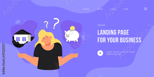 Girl choosing between saving money or buying house. Female person making decision flat vector illustration. Saving and spending, finance concept for banner, website design or landing web page