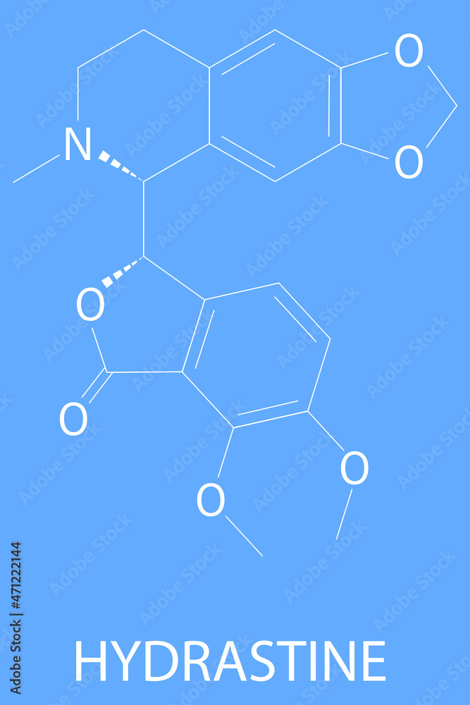 Hydrastine herbal alkaloid molecule, found in Hydrastis canadensis (goldenseal). Skeletal formula.
