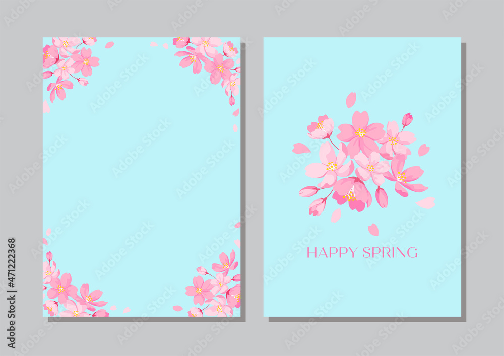 桜の花の装飾フレーム　2点セット　デザイン用のベクター素材　水色の背景