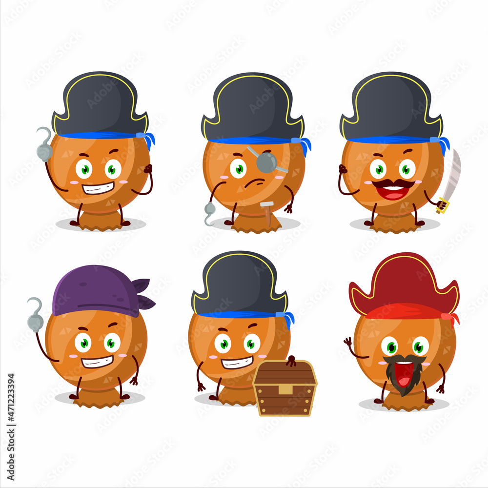 Cartoon character of orange candy wrap with various pirates emoticons Cartoon character of orange candy wrap with various pirates emoticons