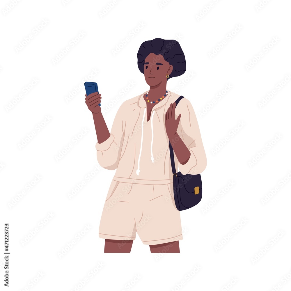 Black woman with mobile phone in hands. Person texting with smartphone. Modern young female use social media, use internet on cellphone. Flat vector illustration isolated on white background Black woman with mobile phone in hands. Person texting with smartphone. Modern young female use social media, use internet on cellphone. Flat vector illustration isolated on white background