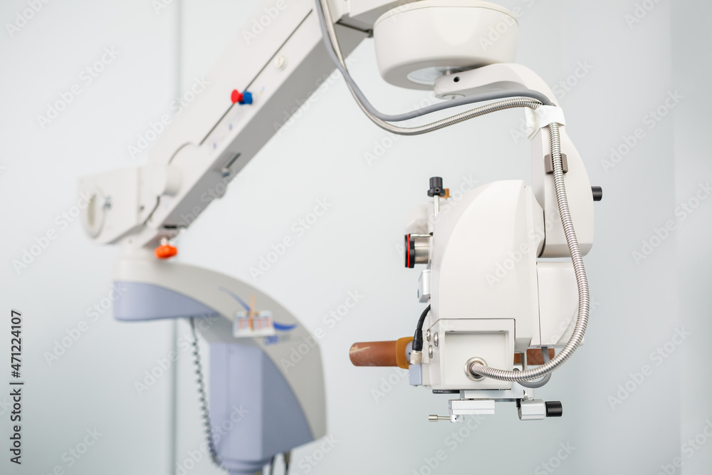 Microscopic apparatus for testing eyesight. Ophthalmology and treatment of eye diseases. Eye clinic, optometrist concept