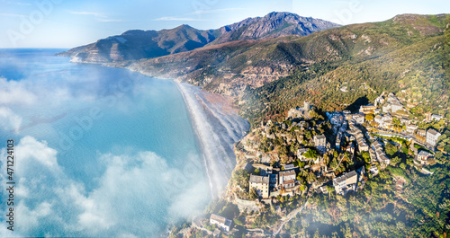 Aerial view with Nonza village , Corsica island, France