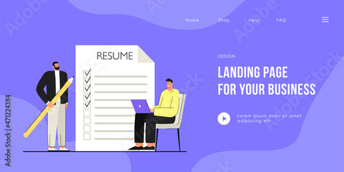 Man applying for job vector illustration. Male with pencil ticking points in resume, another man with laptop, interviewing him online. Job search concept for banner, website design or landing page