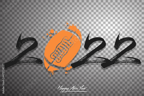 Numbers 2022 and a abstract football ball made of blots in grunge style. Design text logo Happy New Year 2022. Template for greeting card, banner, poster. Vector illustration on isolated background