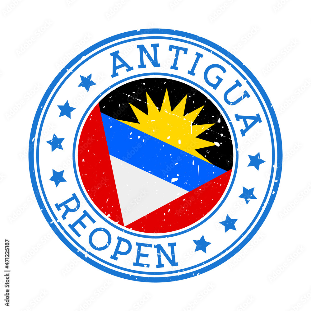Antigua Reopening Stamp. Round badge of country with flag of Antigua. Reopening after lock-down sign. Vector illustration.