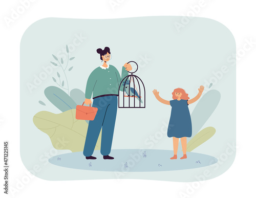 Happy daughter looking at mother holding birdcage with parrot. Woman giving exotic bird to girl flat vector illustration. Pets, family, childhood concept for banner, website design or landing web page