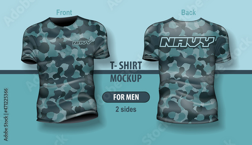 T-shirt for man front and back with Navy camouflage pattern. Mock-up for double-sided printing, layered and editable.