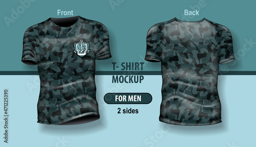 T-shirt for man front and back blue camouflage pattern. Mock-up for double-sided printing, layered and editable.