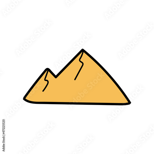 Hand drawn doodle mountain. Simple childish drawing of small yellow hill.