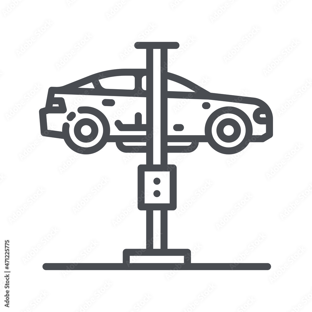 Vector line icon of a service inspection station and a lifted car side view