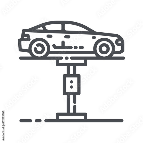 Vector line icon of a service inspection station and a lifted car side view