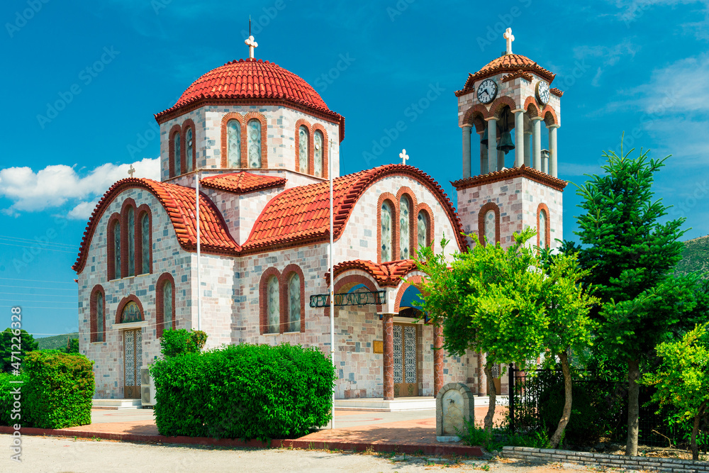 Greek typical church with red roofing, Greece