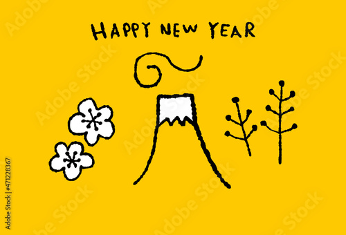 富士山と花とHappyNewYear__黄色背景_横