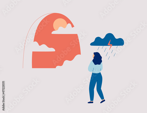 Woman wants to get rid of depression, fights anxiety and stress. Sad female stands under a rainy cloud and looks at the sunlight. Psychological concept of life improvement. Vector illustration