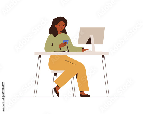 Young woman pays with bank card for her purchases through the Internet.  African American female uses a system of online payments. E-commerce and online shopping concept. Vector illustration