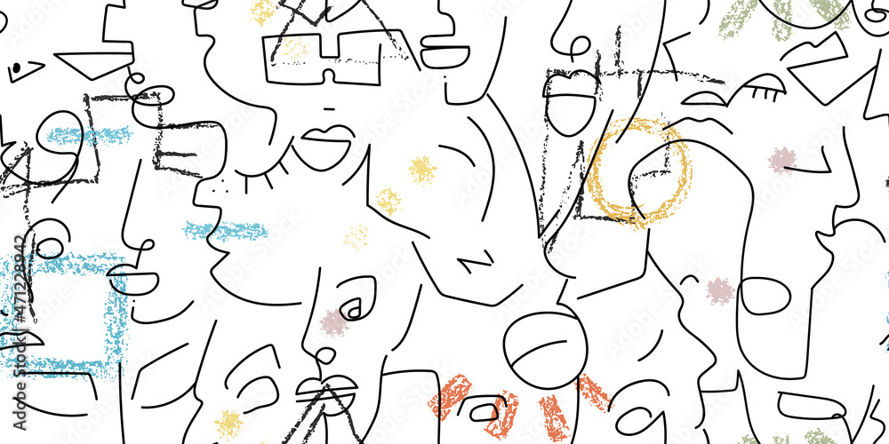 One line drawing. Abstract face seamless pattern.