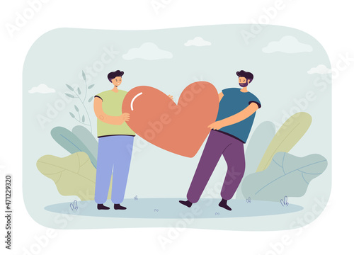 Gay male cartoon character giving huge heart to confused man. Guy rejecting homosexual person flat vector illustration. LGBT community, unrequited love, relationship concept for banner, website design