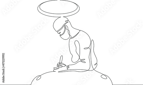 One continuous line. Doctor, surgeon in the operating room. A doctor in a mask and a robe. Medicine and healthcare.One continuous drawing line logo isolated minimal illustration.