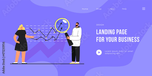People examining sales or financial statistics. Analytics looking at growth curve through magnifier flat vector illustration. Data analysis, achievement concept for banner, website or landing web page
