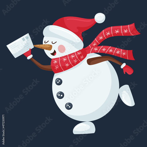 A cute snowman in a hat and a patterned scarf runs with a letter for Santa in his hands. A Christmas cartoon character in a flat style is isolated on a dark background. Color vector illustration