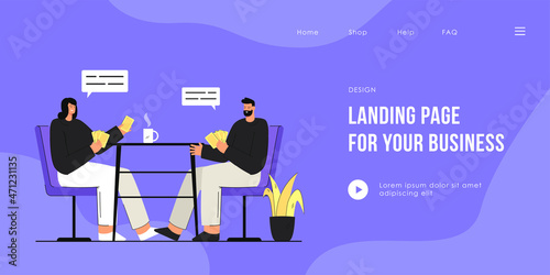 Happy man and woman sitting at table and playing cards. Couple drinking tea at home, having good time together flat vector illustration. Friendship, game, leisure activity concept