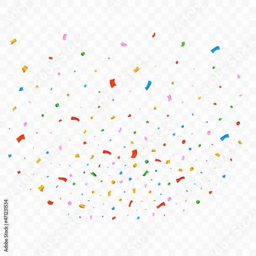 Confetti vector explosion for the carnival background. Multicolor party tinsel and confetti element. Colorful confetti isolated on transparent background. Festival 