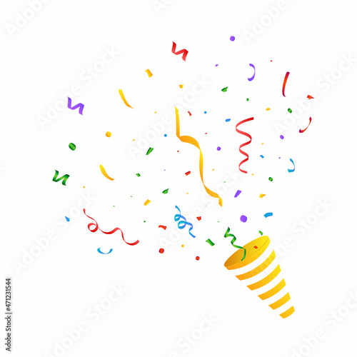 Confetti and tinsel explosion background. Realistic ribbon and confetti vector illustration. Colorful confetti isolated on white background. Carnival elements. Birthday party celebration.