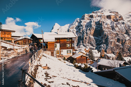 idyllic Swiss village Murren in the mountains in winter