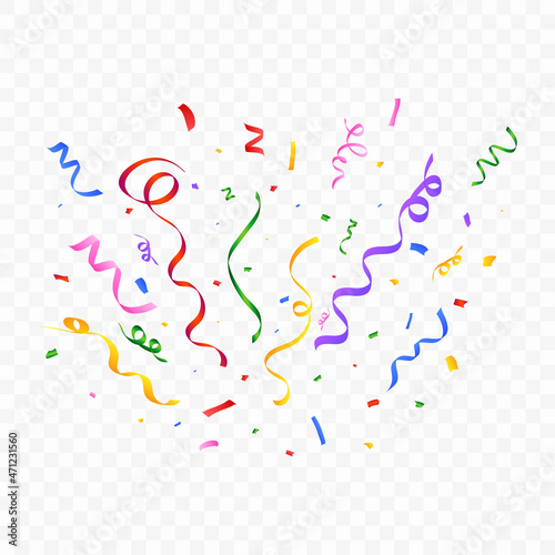 Festival confetti and tinsel explosion background. Realistic multicolor confetti vector illustration. Colorful confetti isolated on transparent background. Carnival elements. Birthday celebration.