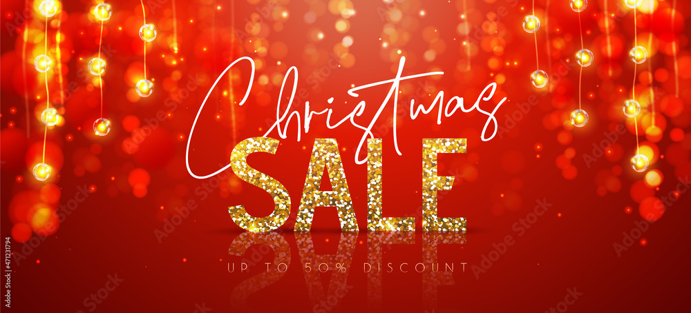 Christmas holiday sale banner with modern glowing blurred lamps on red background