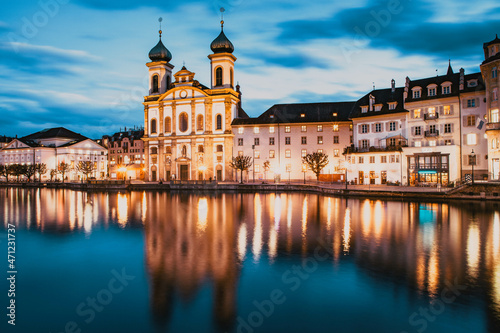 beautiful historic city center of Lucerne with famous buildings and lake Lucerne (Vierwaldstattersee), Canton of Lucerne, Switzerland