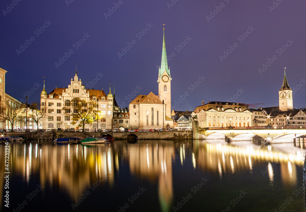 panorama of Zurich city center with Frau Munster and Grossmunster