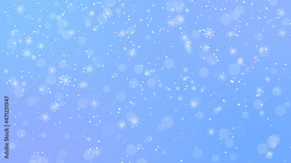 snow fall and bokeh on blue winter background