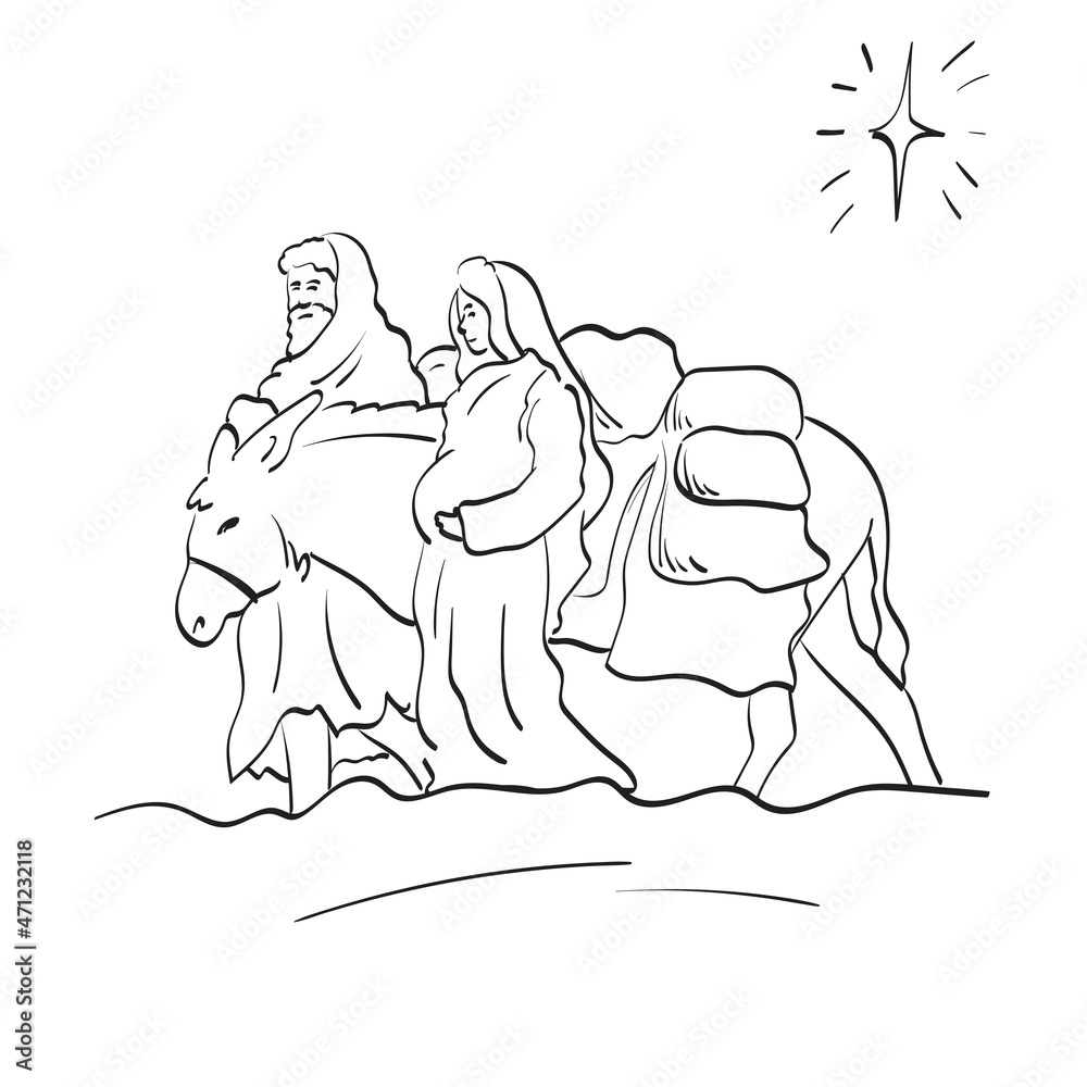 line art Mary and Joseph journeying with a donkey illustration vector isolated on white background line art Mary and Joseph journeying with a donkey illustration vector isolated on white background