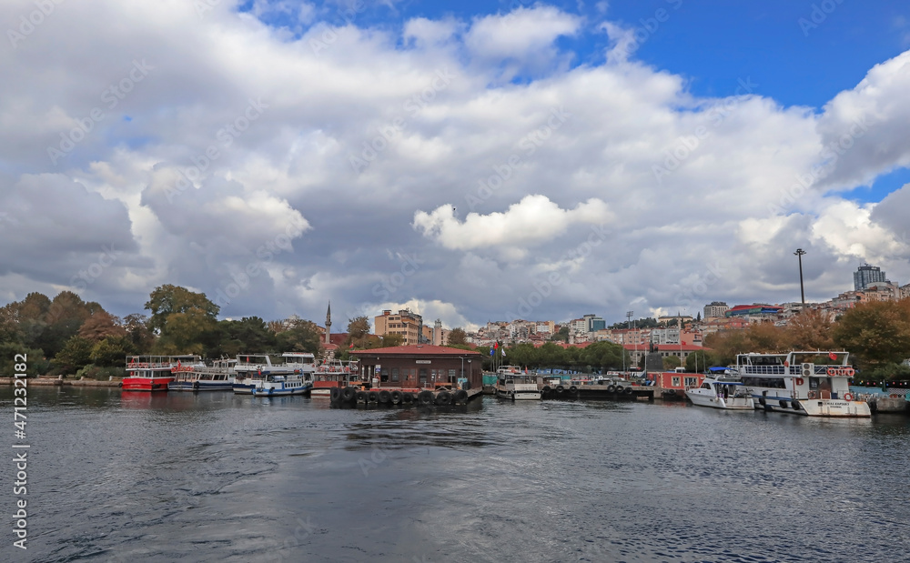 Istanbul, Turkey - September 29, 2021 : Kasimpasa ferry port view from the sea in Istanbul