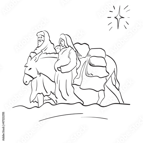line art Mary and Joseph journeying with a donkey illustration vector isolated on white background