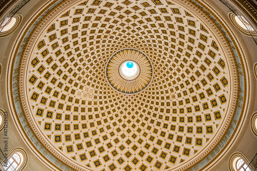 View at the Dome decoration in Basilica of Assumption of Our Lady in Mosta, Malta