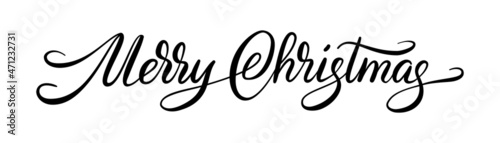 Merry Christmas hand written text. Black Merry Christmas letters isolated on white. Winter season typography. Elegant vector calligraphy for holiday cards, party posters, headers, gift tags, overlays.