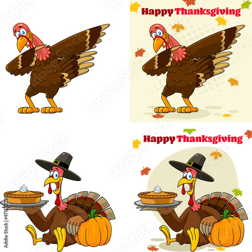 Turkey Bird Cartoon Characters. Vector Hand Drawn Collection Set Isolated On White Background