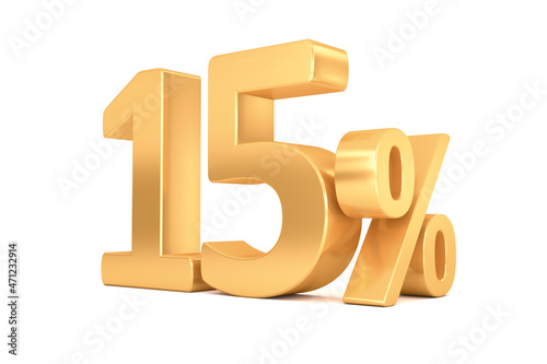 15% off on sale. Gold percent isolated on white background. 3d rendering.