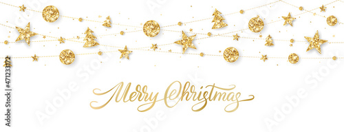 Christmas glitter decoration. Merry Christmas hand drawn lettering. Vector golden ornaments on white background. Holiday frame, border. Glowing garland for celebration headers, party posters.