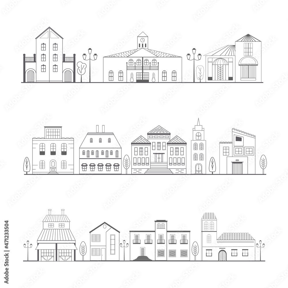 City street with modern houses, villas and a church. Monochrome cityscape with residential houses  and shops.
Solar panels and attics on the roofs of buildings. Sky with clouds and sun.